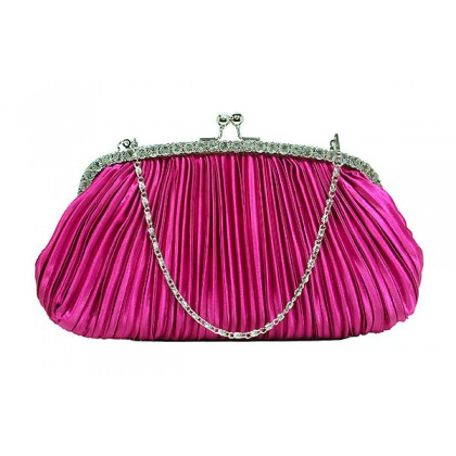 Evening Bag - 12 PCS - Pleaded Satin Clutch w/ Frame - Fuchsia - BG-90953FU